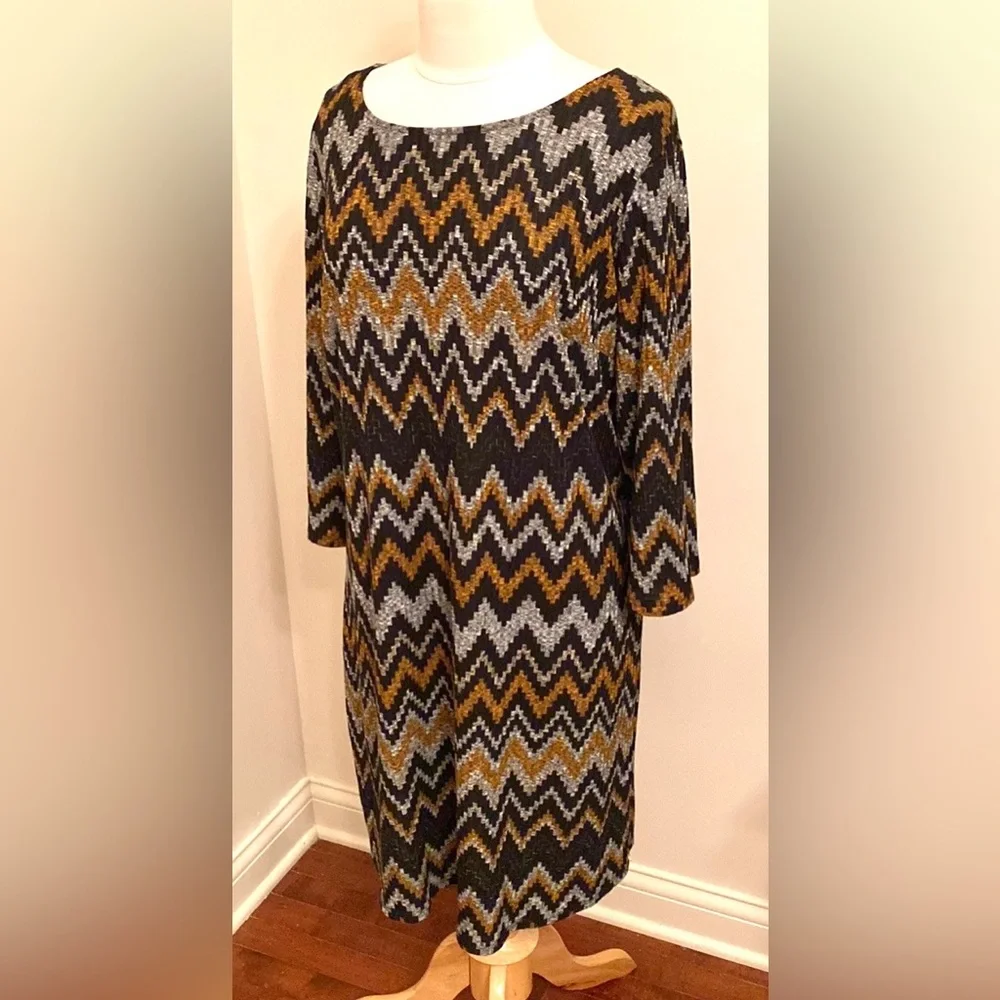 Tacera Black Orange Grey Chevron Print SZ 1X Retro Contemporary Mod Casual Dress